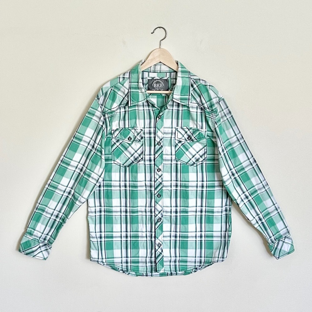 BKE Buckle Plaid Green Button Down Shirt Men’s size XXL Slim Fit
